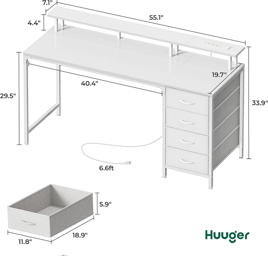 55 Inch Computer Desk with Power Outlets and LED Lights, Gaming Desk with 4 Drawers, Office Desk with Monitor Stand