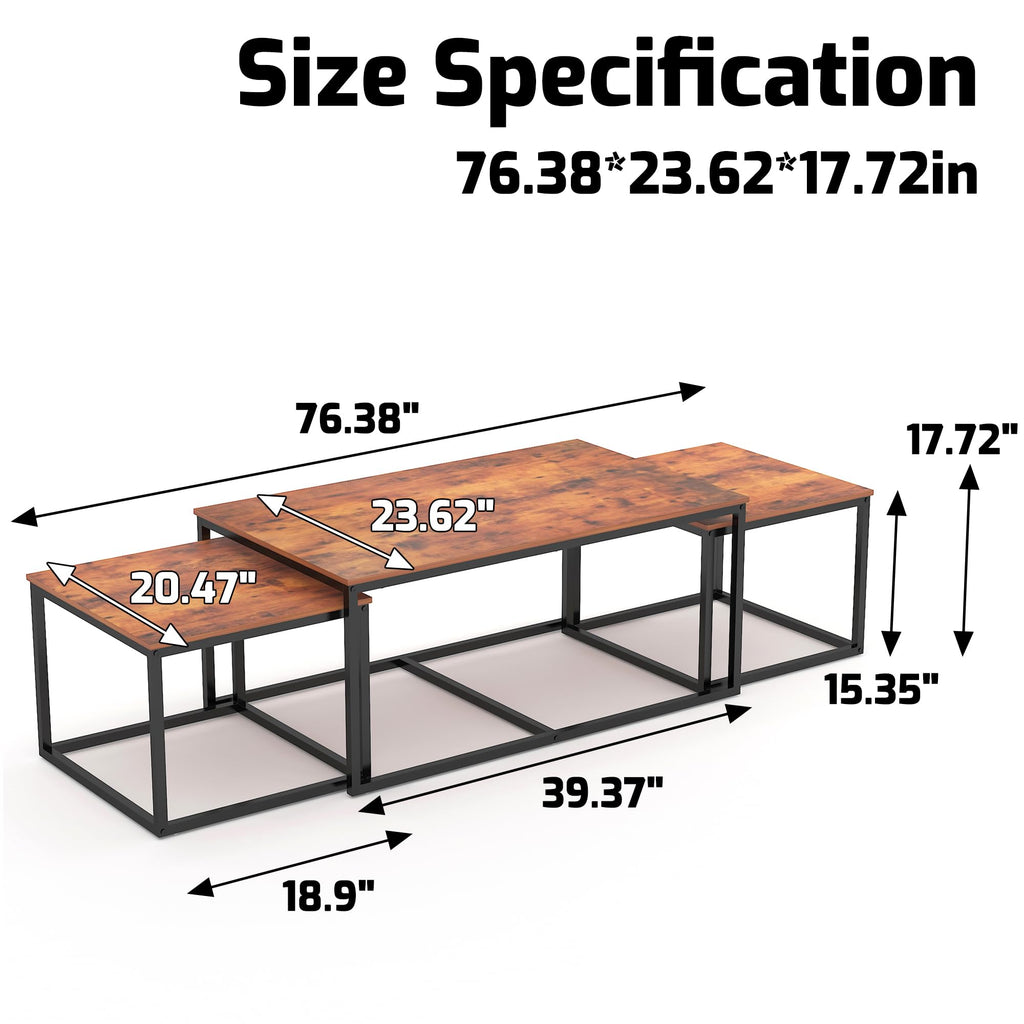 Nesting Coffee Tables, 3 Piece Living Room Coffee, Industrial Rectangular Coffee Set, End Side Tables Bedroom