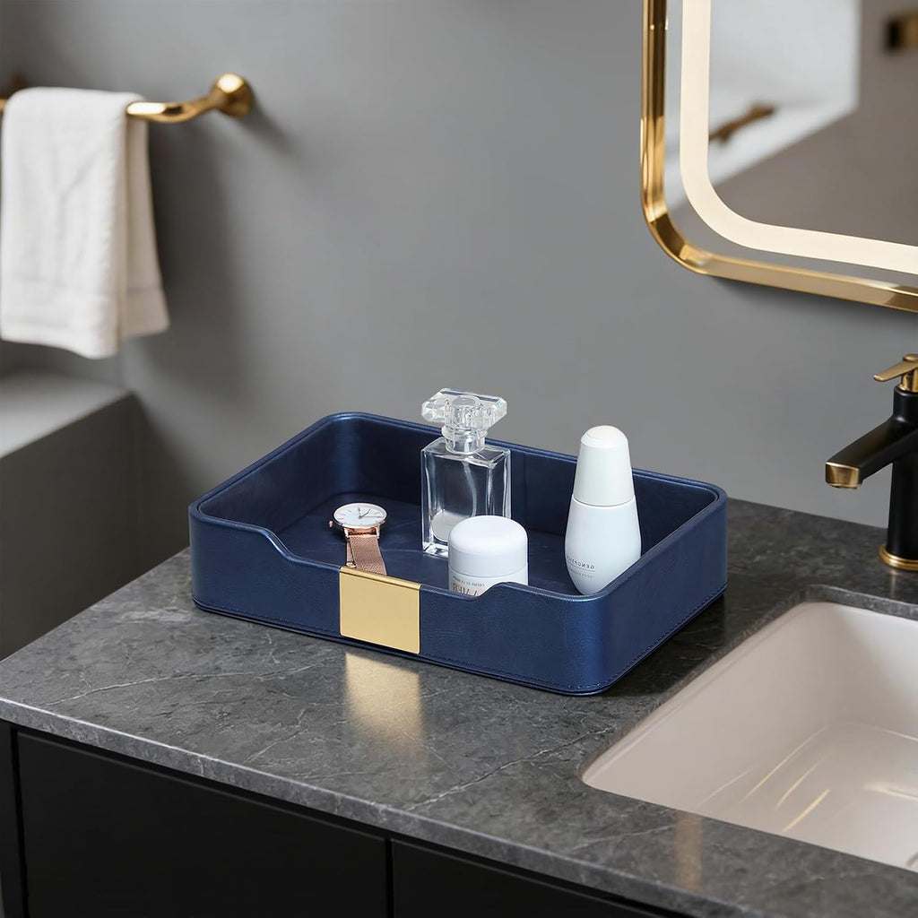 PU Leather Valet Tray, Nightstand Organizer, Catchall Tray, Blue