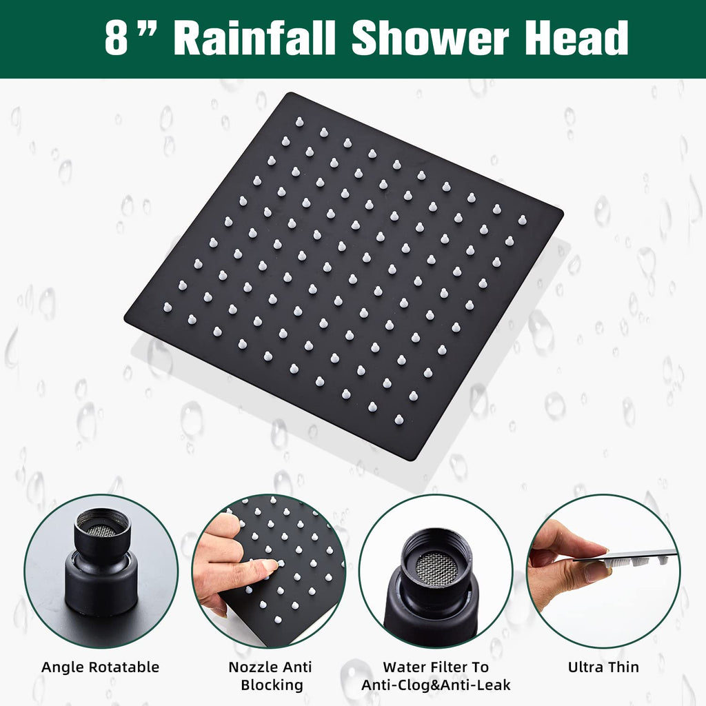 Shower Head Matte Black, Shower Faucet Set Bathroom Shower System with 8 inch Square Rain Shower Head Wall Mounted