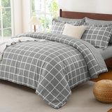 Queen Comforter Set with Sheets - 7 Pieces Plaid Bed in a Bag Set Grey