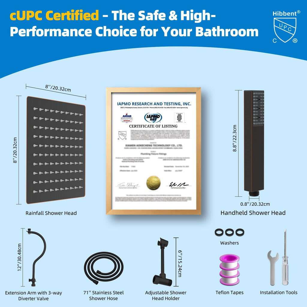 All Metal cUPC Certified Shower Head, 8'' High Pressure Rainfall Showerhead Combo, Handheld Shower Wand, 12''