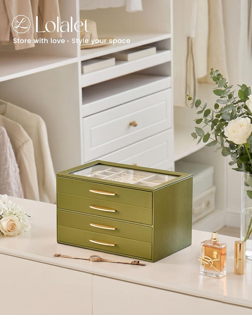 Jewelry Box Organizer with Glass Lid for Women -4Layer, Olive Green