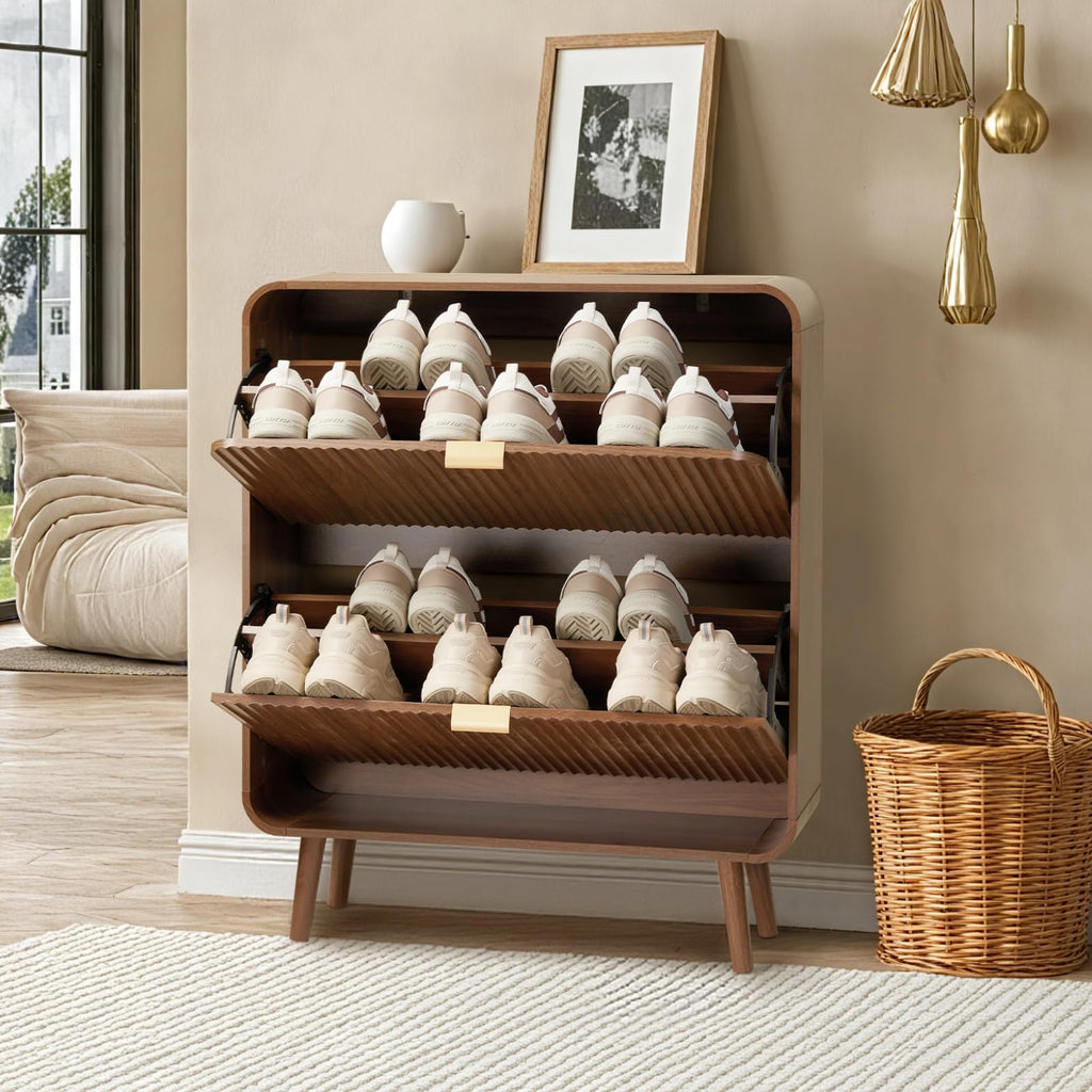 31.5" Fluted Shoe Cabinet with 2 Flip Drawers, Slim Freestanding Shoe Cabinet Organizer, Narrow Shoes Storage Rack