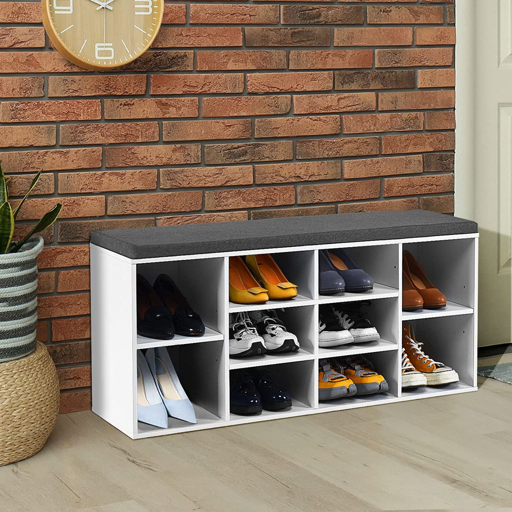 Shoe Storage Bench with Cushion, Entryway Shoe Rack Bench, Adjustable Shelves, 10-Cubbies Shoe Organizer Bench