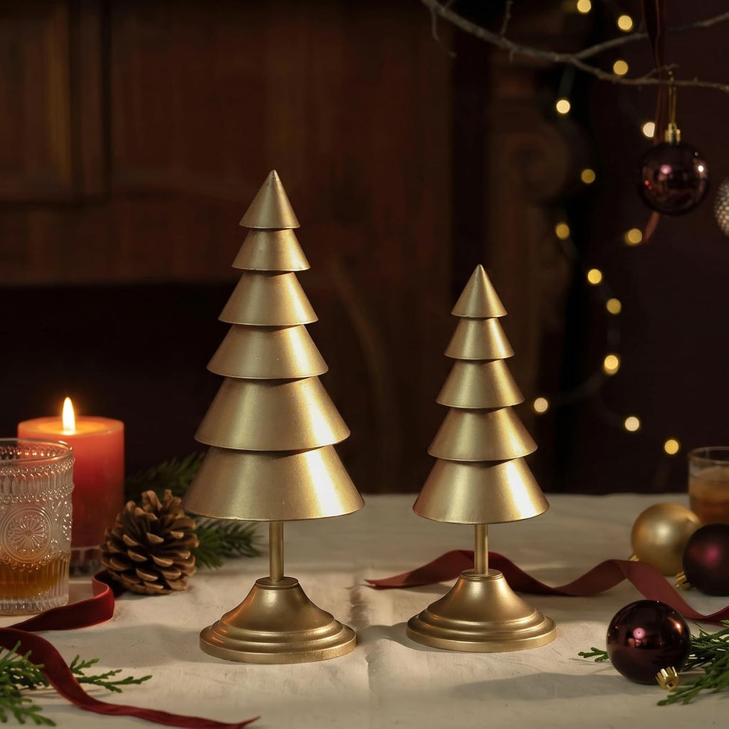 Small Christmas Tree Figurines Set of 2, Gold Tabletop Decor