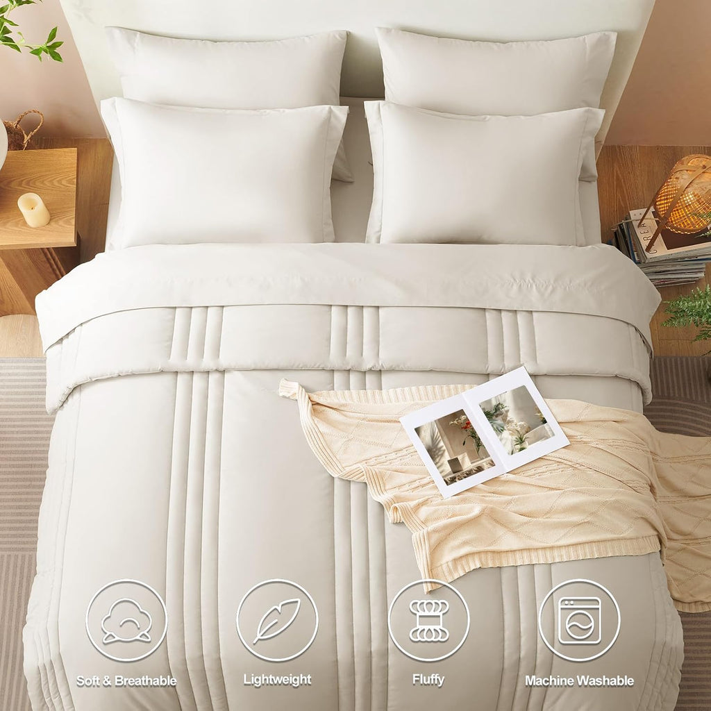 Queen Comforter Sets - 7 Piece Bed in a Bag Beige Comforter Set with Sheets Luxury Queen Bed Set All Seasons
