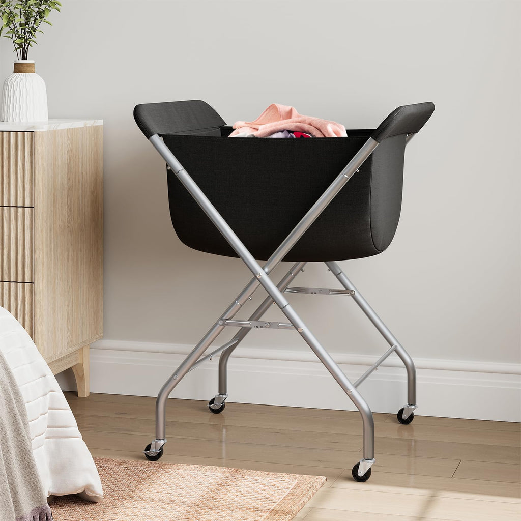 Laundry Basket with Wheels, Collapsible Laundry Hamper, Black