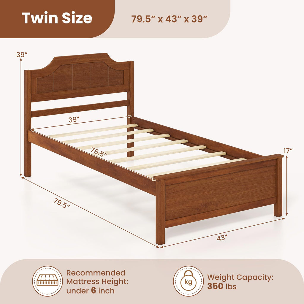 Twin Size Wooden Bed Frame with Headboard, Wood Slat Support
