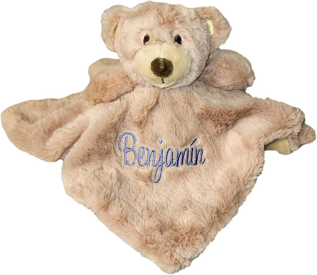 Custom Personalized Teddy Bear Lovie Lovey Security Blanket with Rattle (Brown Bear with Embroidery Name)