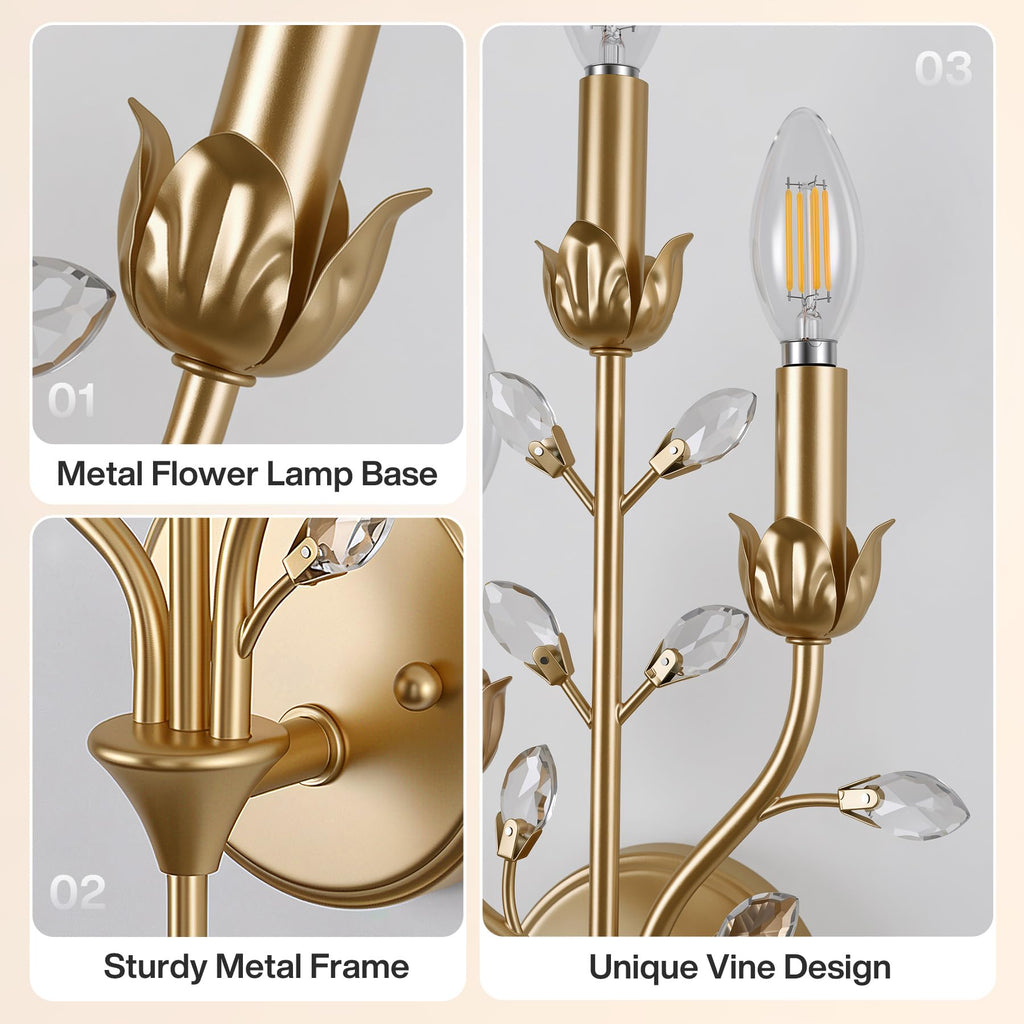 Gold Crystal Wall Sconce, 3-Light Floral Vine Candle Wall Light