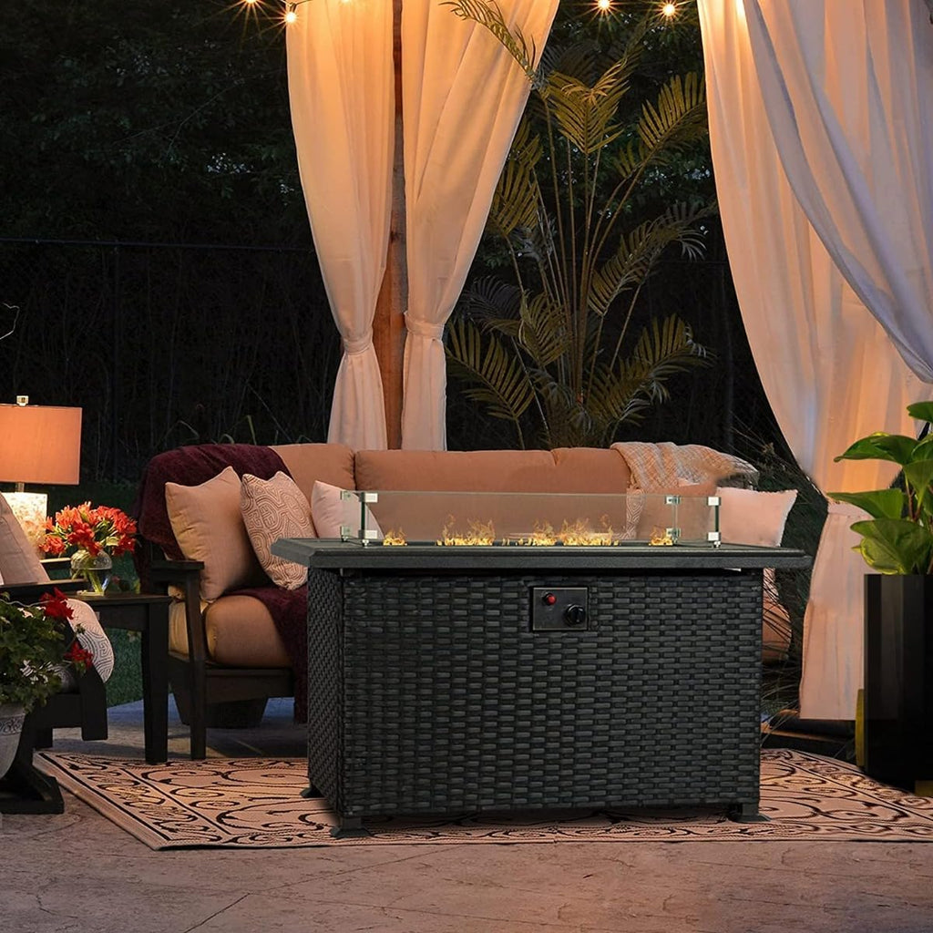 Outdoor Patio Propane Gas Fire Pit Table - 50,000 BTU Wicker Design with Aluminum Tabletop, Glass Wind Guard
