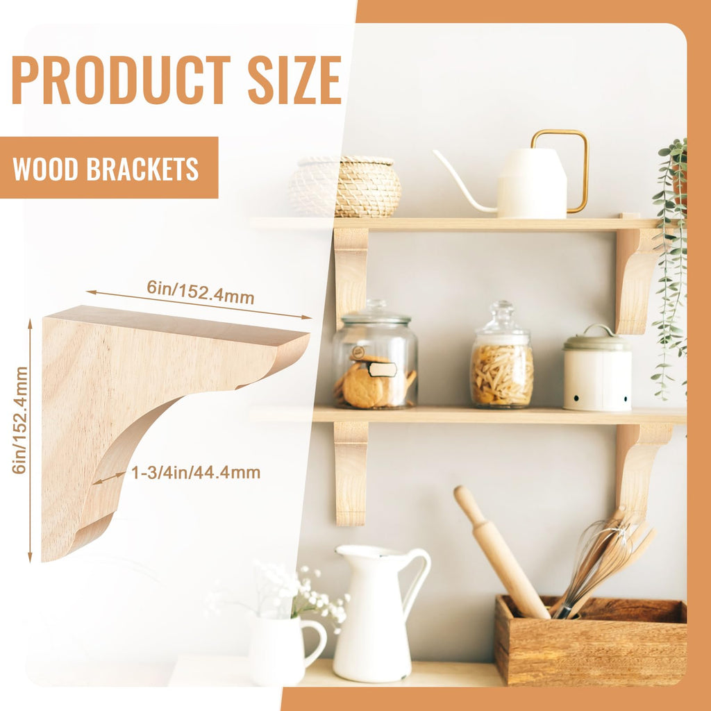 4 Pcs Wood Corbel Wooden Shelf Bracket, 6 x 6 x 1.75 Inches