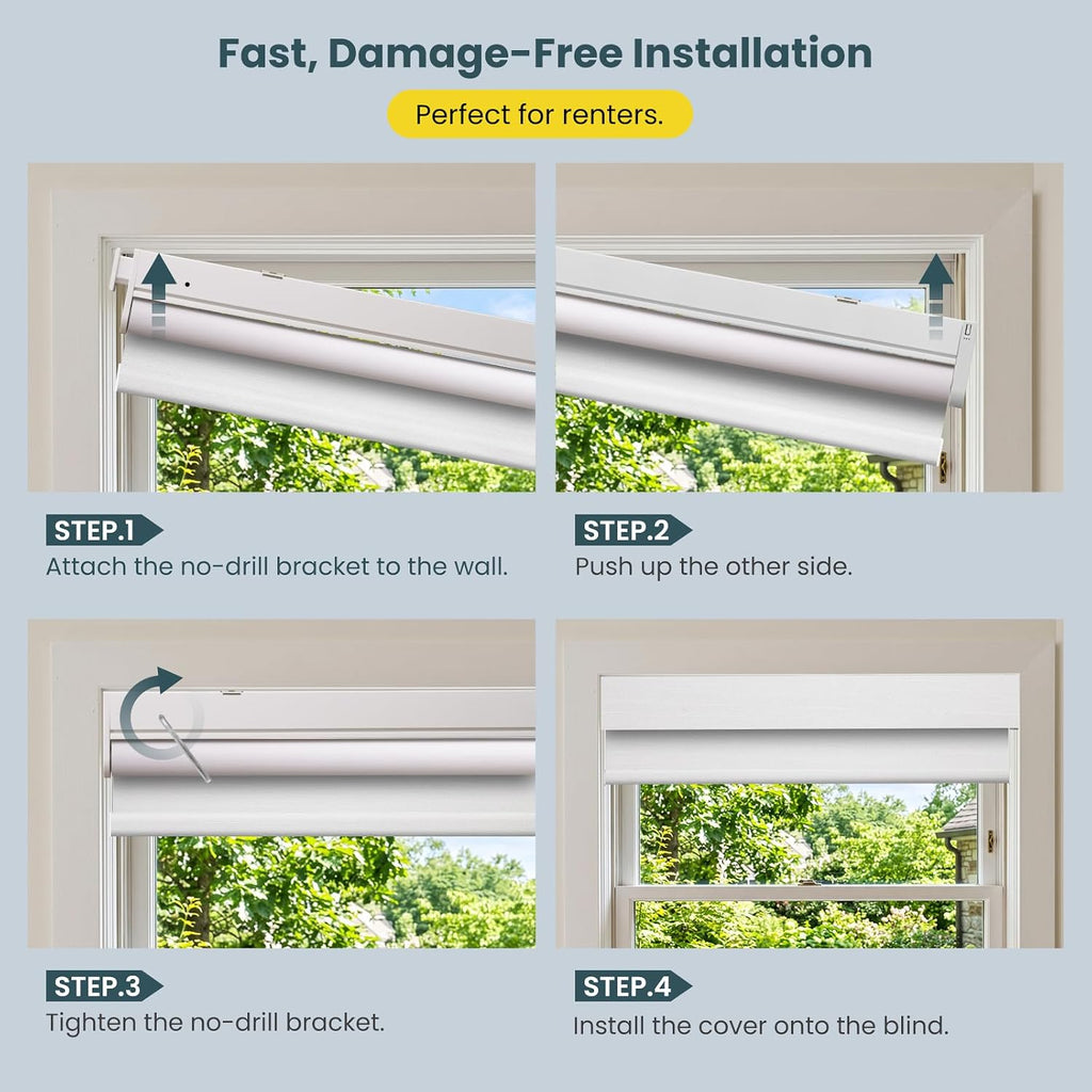 Motorized Blinds for Windows - Roller Window Shades with Remote, No-Drill Installation, Cordless Automatic Blackout