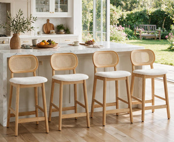 Rattan Counter Height Bar Stools Set of 4, Wood Farmhouse Barstools with Woven Back, Boho Sherpa Kitchen Island