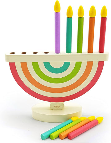 Wooden Hanukkah for Kids - Chanukah Set with 9 Removable Multicolored Candles, Storage Bags, Educational Color Toy