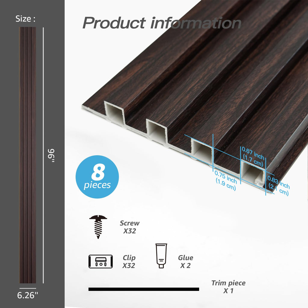 96 x 6 Inch WPC Wood Diffuser Slat Wall Panel, 8-Pack, Black Walnut