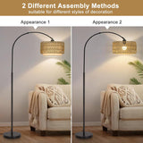 Rattan Floor Lamp, Arc Floor Lamps, Farmhouse Standing Lamp with Adjustable Hanging Fabric Shade