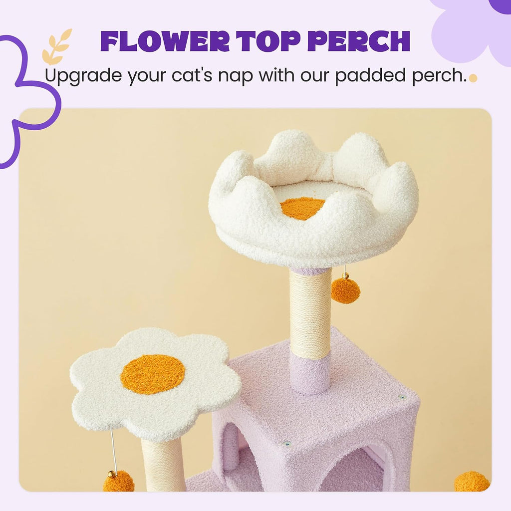 Flower Cat Tree for Indoor Cats, 63.8 Inches Multi-Level Cat Tower with Sisal-Covered Scratching Posts, Padded