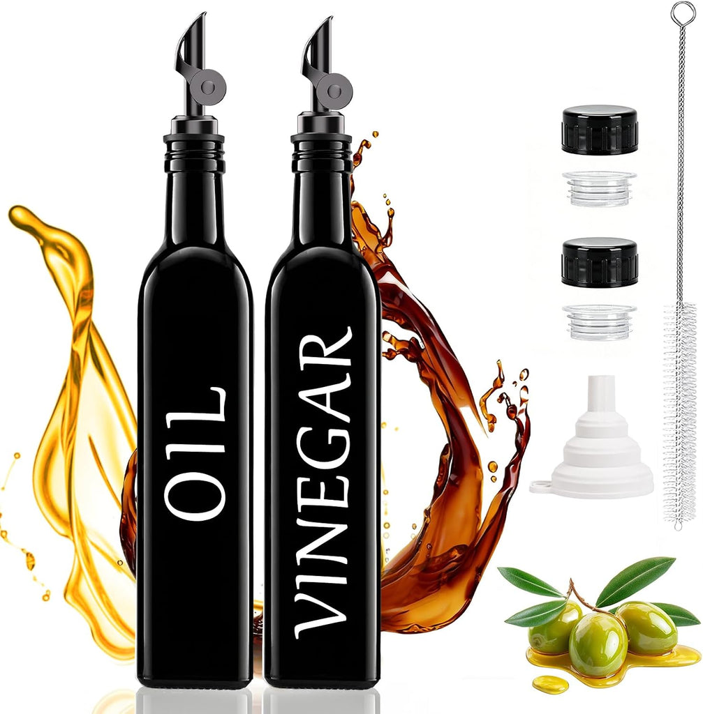 Oil and Vinegar Dispenser, 17oz/500ml Extra Thick Glass Oil & Vinegar Cruet with Stainless Steel Pourer - Set of 2
