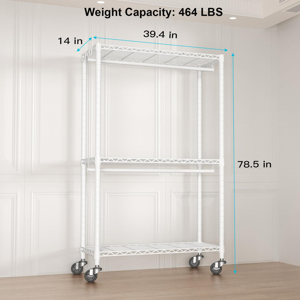 P3 Rolling Clothes Rack, Clothing Racks for Hanging Clothes, White