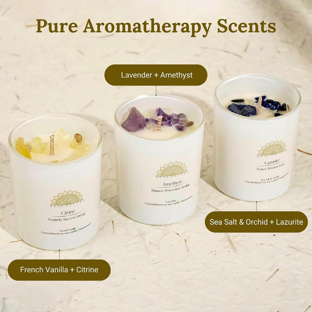 Healing Crystal Candle Gift Set Citrine, Amethyst & Lazurite Hand-Poured Soy Wax French - Set of 3
