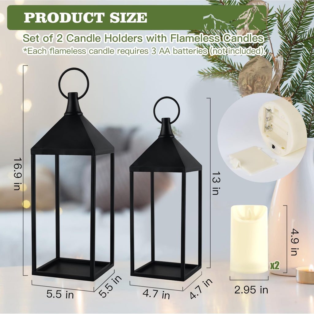 17" 13" Modern Farmhouse Candle Lantern Decor Set of 2 Black Metal Candle Lanterns with Flameless Candles, Lanterns