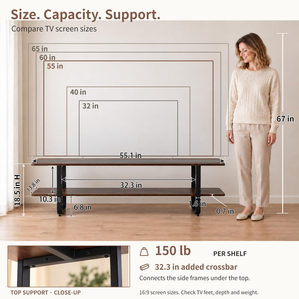 Rustic Brown TV Stand for 65'' TV, Media Console, 2 Open Shelves