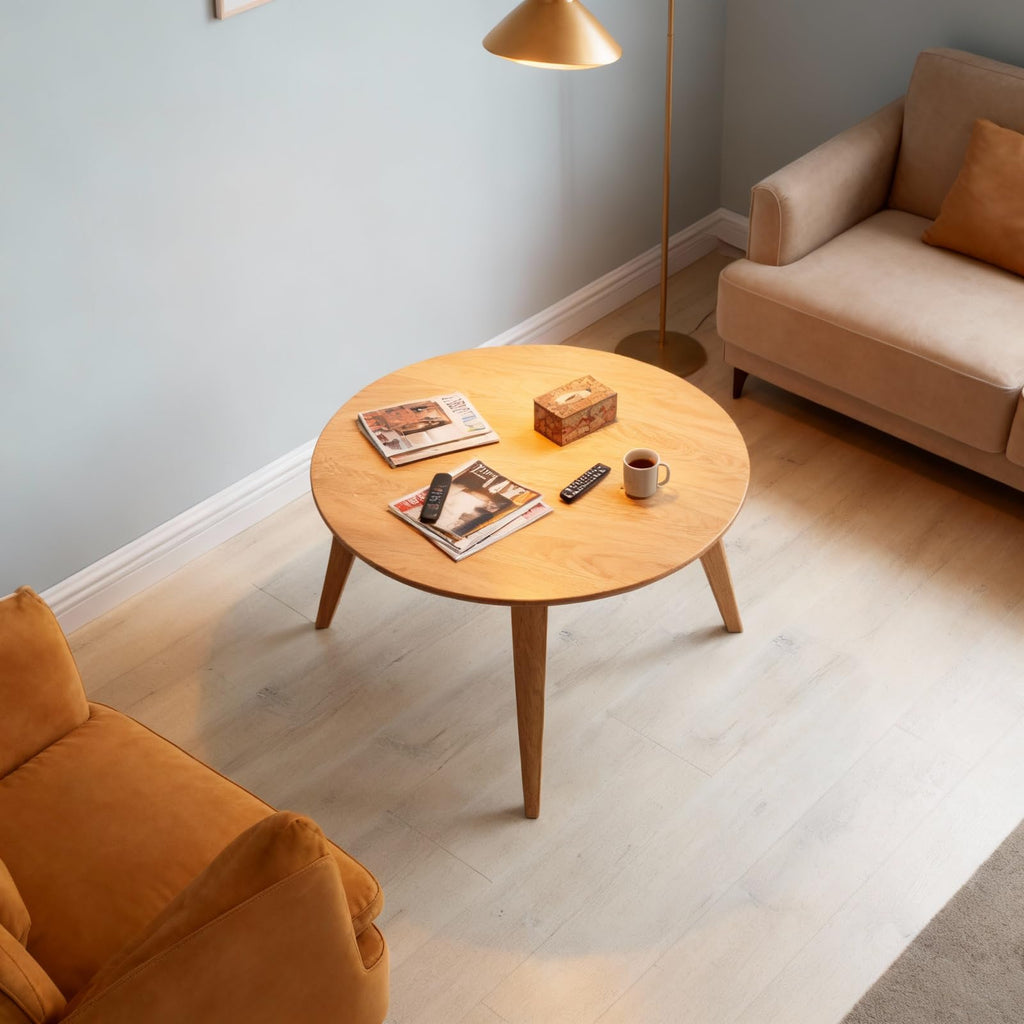 100% Solid Oak Wood Mini Coffee Table, Round Side Table w/Solid Wood Legs, Minimalist Coffee Table w/Sturdy Frame