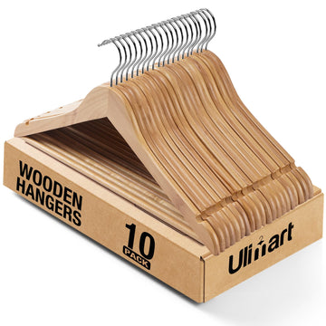 Wooden Hanger 10 Pack, Wood Hanger Solid Shirt Hangers with Pants Bar, Heavy Duty & Slim Coat Hanger, for Suit Coat