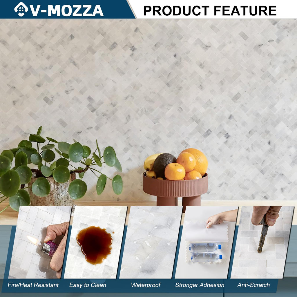 Herringbone Peel and Stick Backsplash Real Marble Tile, 5 Sheets