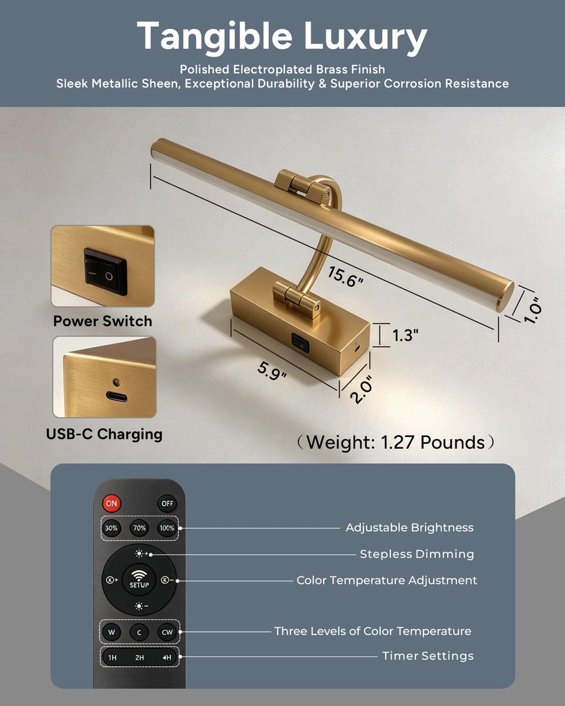 15.6" Battery Operated Picture Light for Wall Art, Brass Finish
