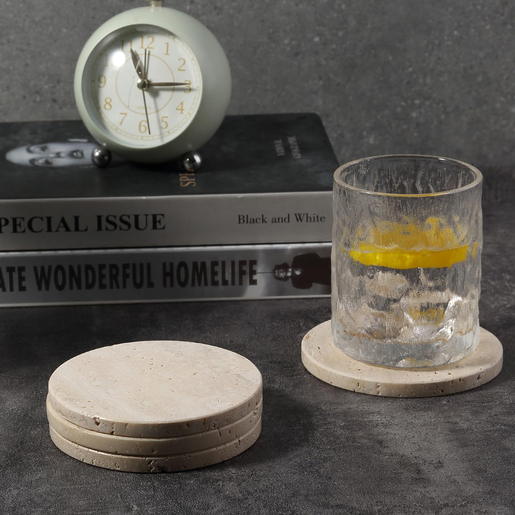 Travertine Coasters, Marble Coaster Set of 4 for Drinks, 4" Round Stone Coasters Set Heat Resistant, Decorative