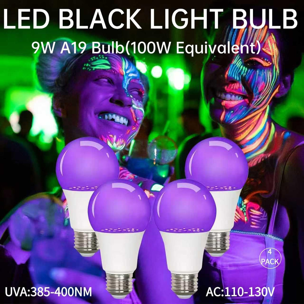 4 Pack LED Black Light Bulb 9W, A19,E26 Base,Party Glow Decor, Non-Dimmable