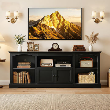 71" TV Stand for TVs up to 80 Inch, Modern Farmhouse Entertainment Center with Arched Cabinet Doors & Open Adjustable