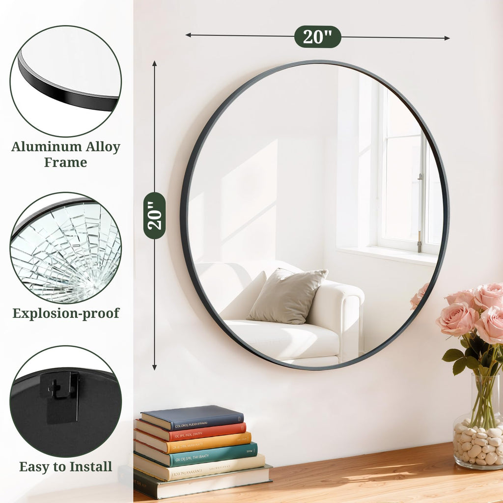 Round Wall Mirror 20 Inch Black Vanity Mirror with Metal Frame