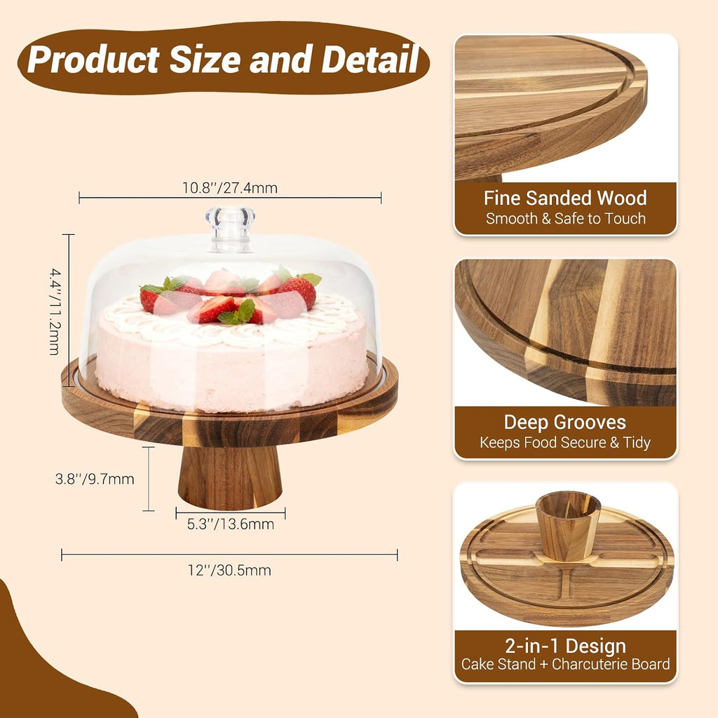 Acacia Wood Cake Stand with Lid | 12 Inch Wooden Cake Stand with Acrylic Dome & 2-in-1 Design | Multi-Purpose Dessert