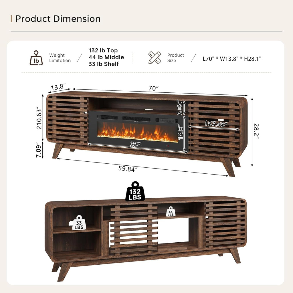 Fireplace TV Stand for 80" TVs, Walnut