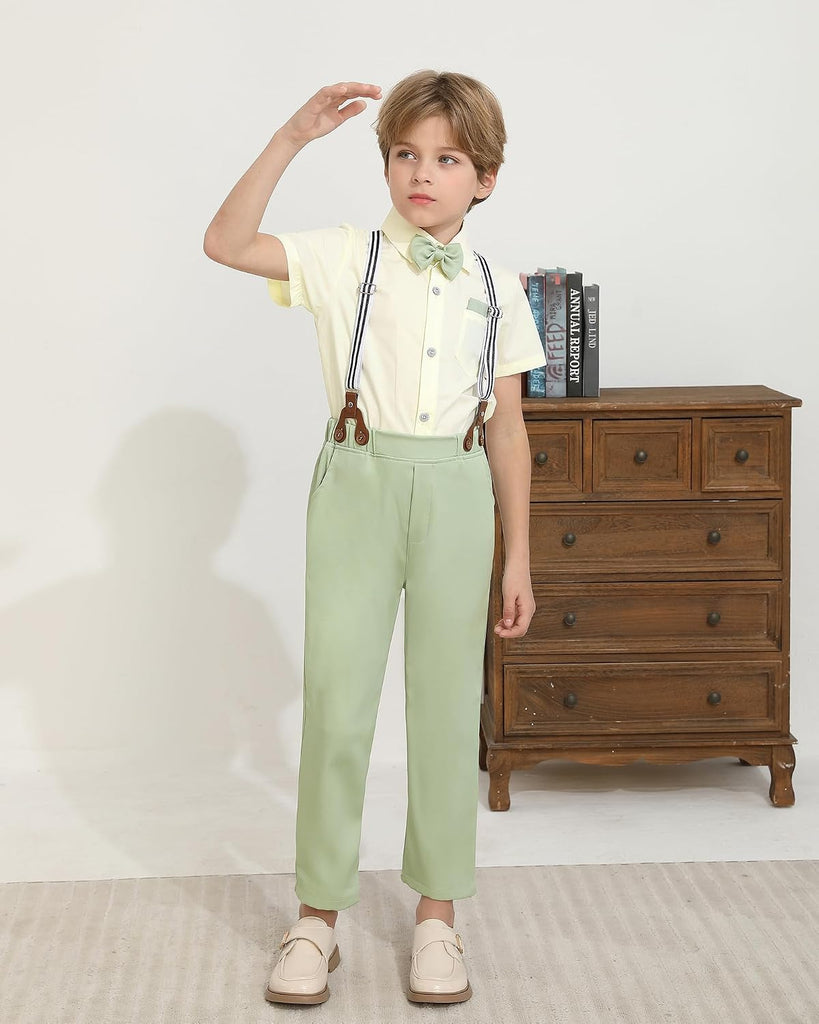 Toddler Boy Clothes Suit Wedding Outfit Boys Dress Shirt+Bowtie+Suspender Pants, Kids Gentleman Formal Set