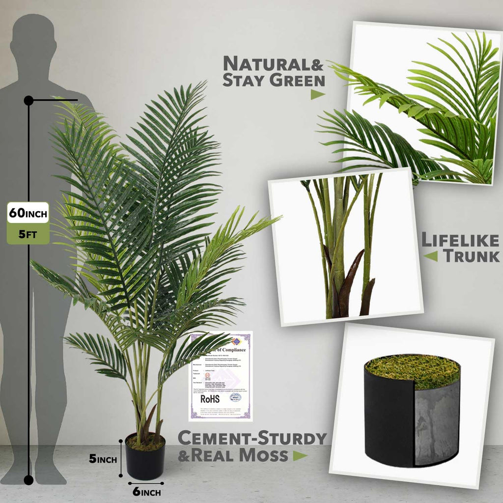 5ft Artificial Palm Tree Decor, 5 Feet Faux Plant Fake Silk Tropical Kentia Areca Trees with Pot for Indoor Outdoor