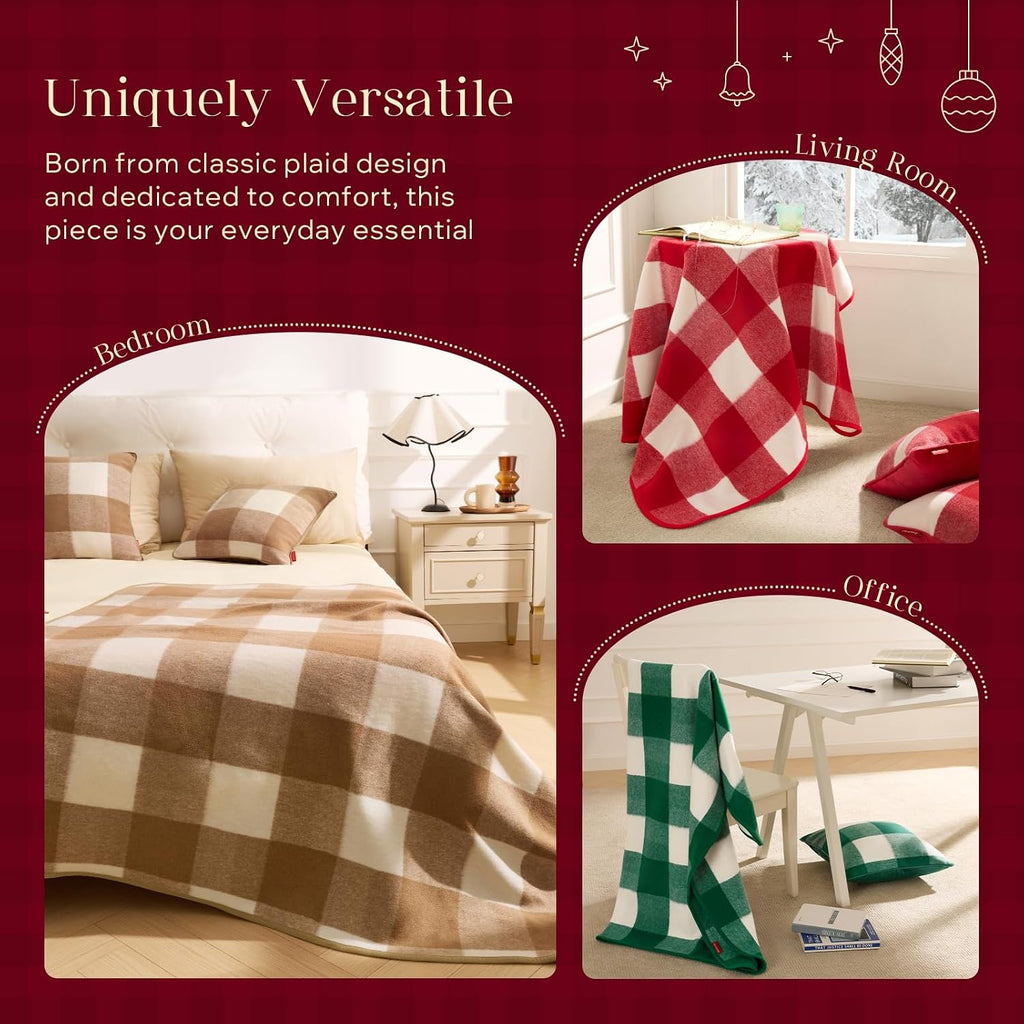Christmas Throw Blanket, Premium Faux Wool Buffalo Check Blanket with Locking Edge Warp-Knitted Christmas Plaid