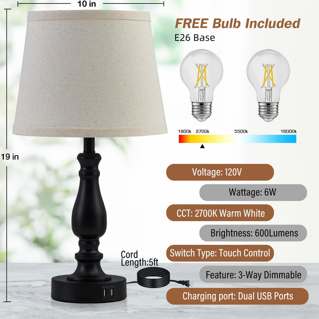 Lamps Set of 2, Touch Bedside Table Lamp with USB C+A Ports