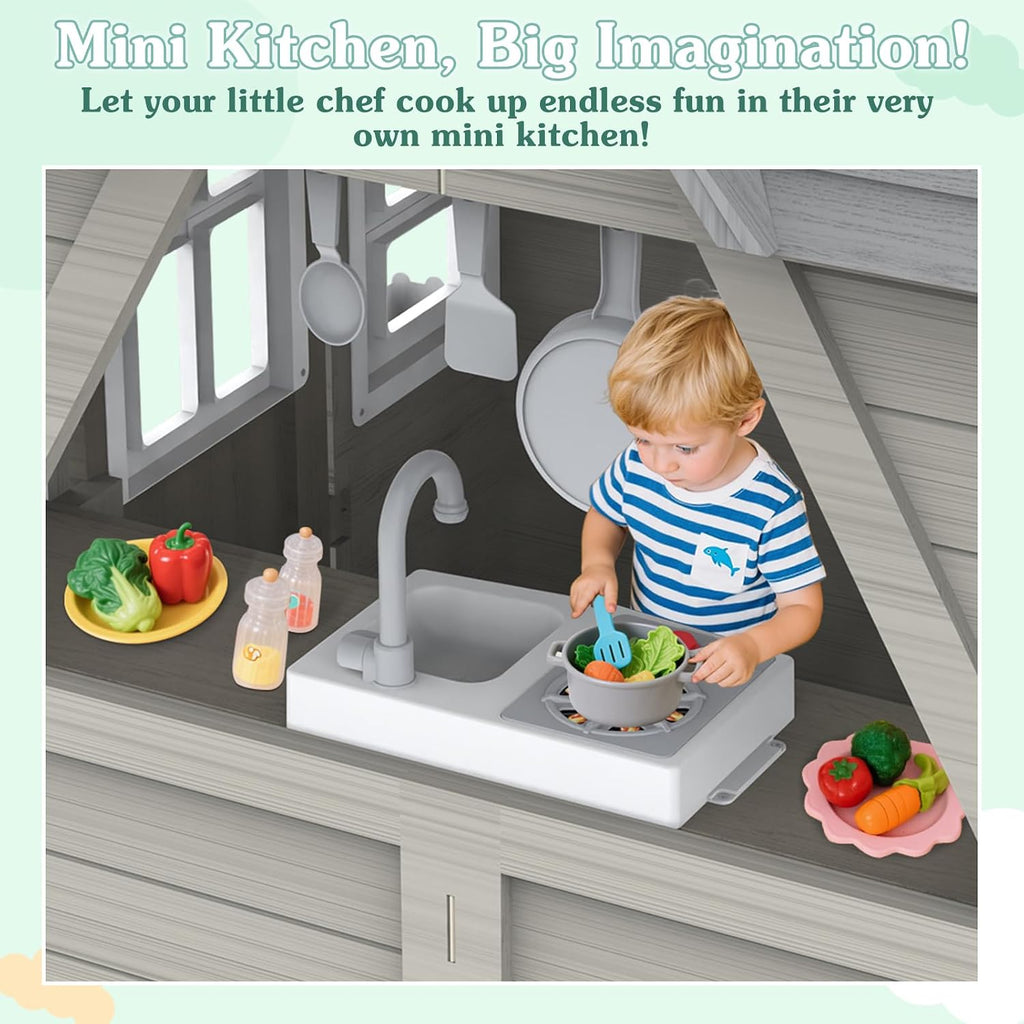 Kids Outdoor Cedar Playhouse, Weather-Resistant Gray Wooden Play House for Ages 3-8 with Play Kitchen, Working