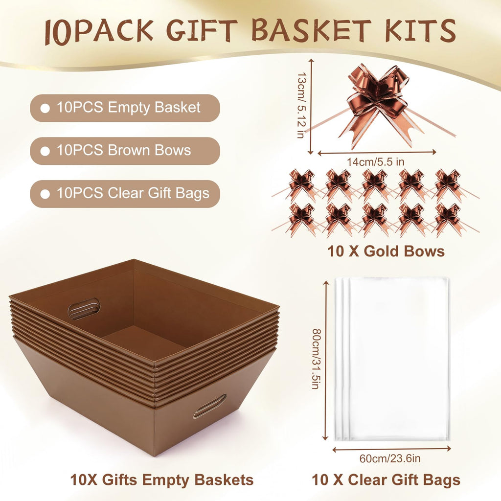 10PACK Baskets for Gifts Empty, 10x12"Thick Brown Gift Basket with Handles 10 Bows 10 Bags Empty Gift Baskets for