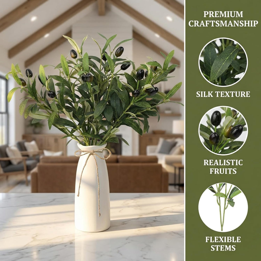 Artificial Plant Olive Branch in Vase, Faux Greenery Stems with Ceramic Vase, 16.9" Tall Olive Branches Fake - Set of 5