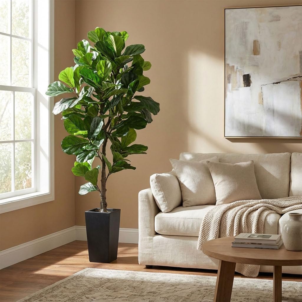 6ft Artificial Fiddle Leaf Fig Tree Decor, 6 ft Large Faux Plant Fake Ficus lyrata Silk Trees with Pot Outdoor House