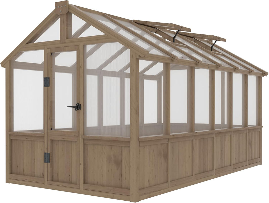 6 x 12 FT Wooden Polycarbonate Greenhouse, Outdoor Green House Kit with Ventilated Window and Lockable Door, Walk-in