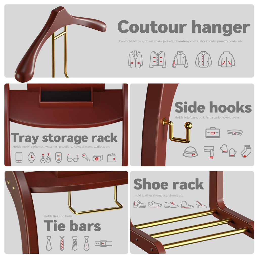 Suit Valet Stand for Men, Wood Mens Valet Stand (Reddish Brown)