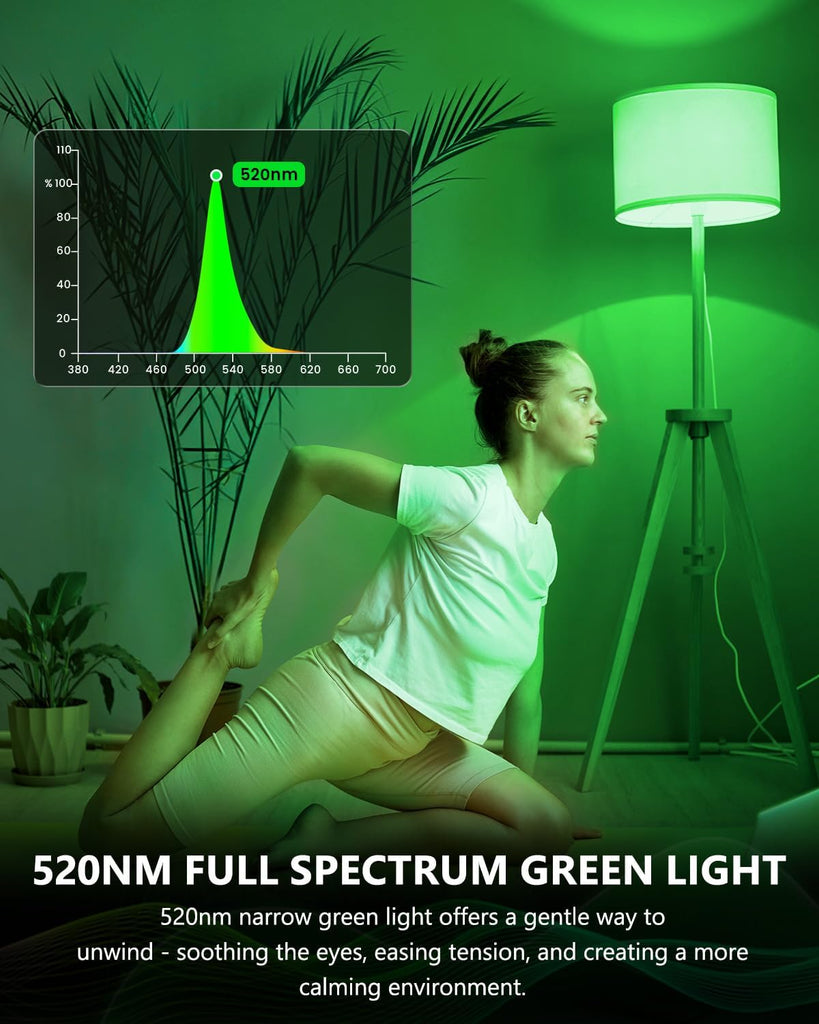 520nm Full Spectrum Green Light Naturally Relieves Stress, E26 9W Green Sleep Light Bulb or Reading Light, 60W