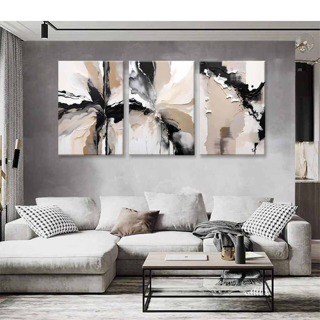 Framed Black and Brown Abstract Geometric Canvas Wall Art Modern Grey White Beige Print Poster Set of 3 Painting